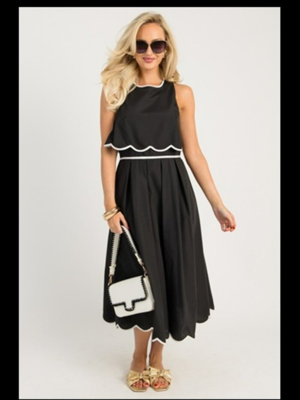 NWT Gaudie Black adn White Scalloped Midi Dress Sz M